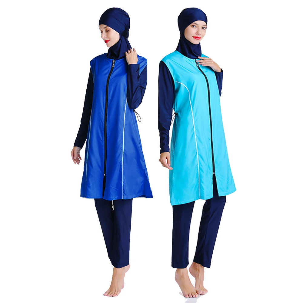 Women's Burkini Blue Patchwork Swimsuit with Zipper, Loose Beach Wear with Cap, Beachwear, New, S-3XL, 3Pcs