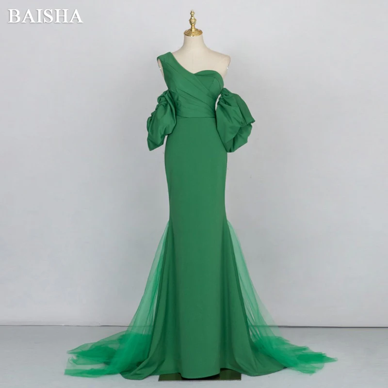 

Custom Green Evening Dress Sweetheart Collar Fashion Mermaid Gown With Tulle Train Party Prom Graguation Night Dress W110