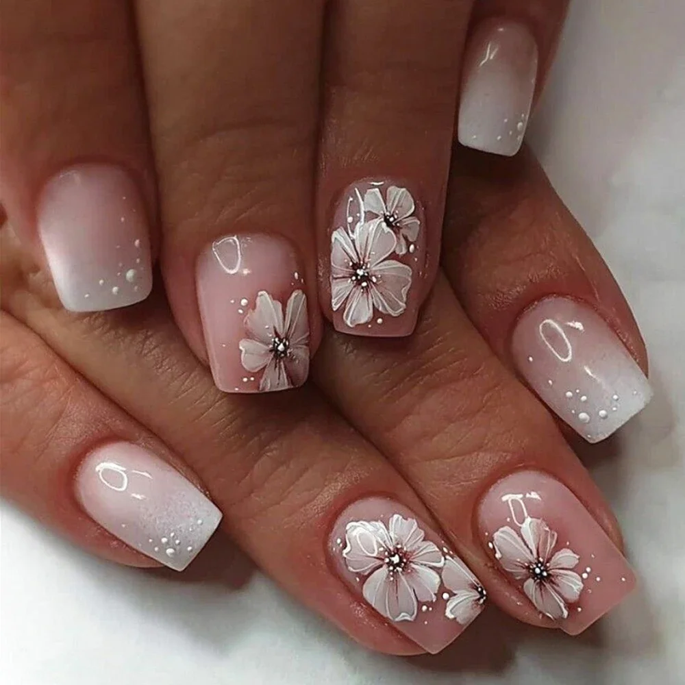 

White Pink Gradual French Blooming Flowers Gradient Nail Art Long Square False Nails Detachable Finished Fake Nail Press on Nail