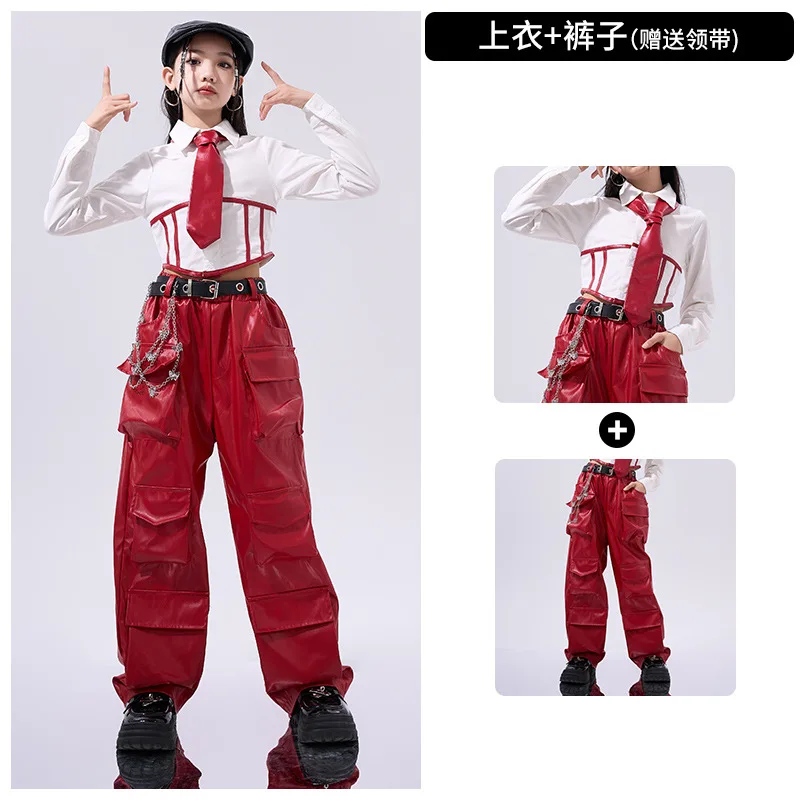 Mädchen Hip Hop Crop Top Pu Leder Cargo Hosen Kind Schuluniform Kostüme Kinder Streetwear Jazz K-pop Street Dance kleidung Sets – Detail 9
