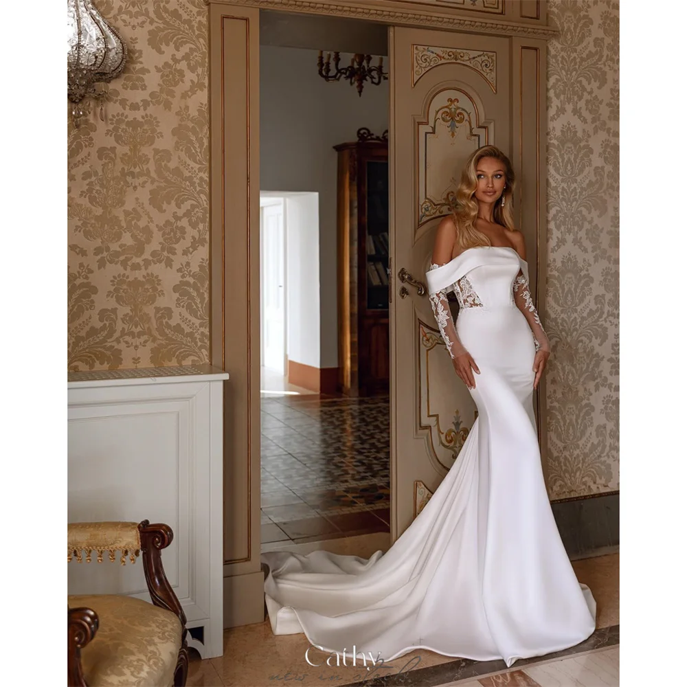 Cathy White Off The Shoulder Satin Wedding Dress Mermaid Long Train vestidos de noiva Detachable Sleeves Customized Formal Gown