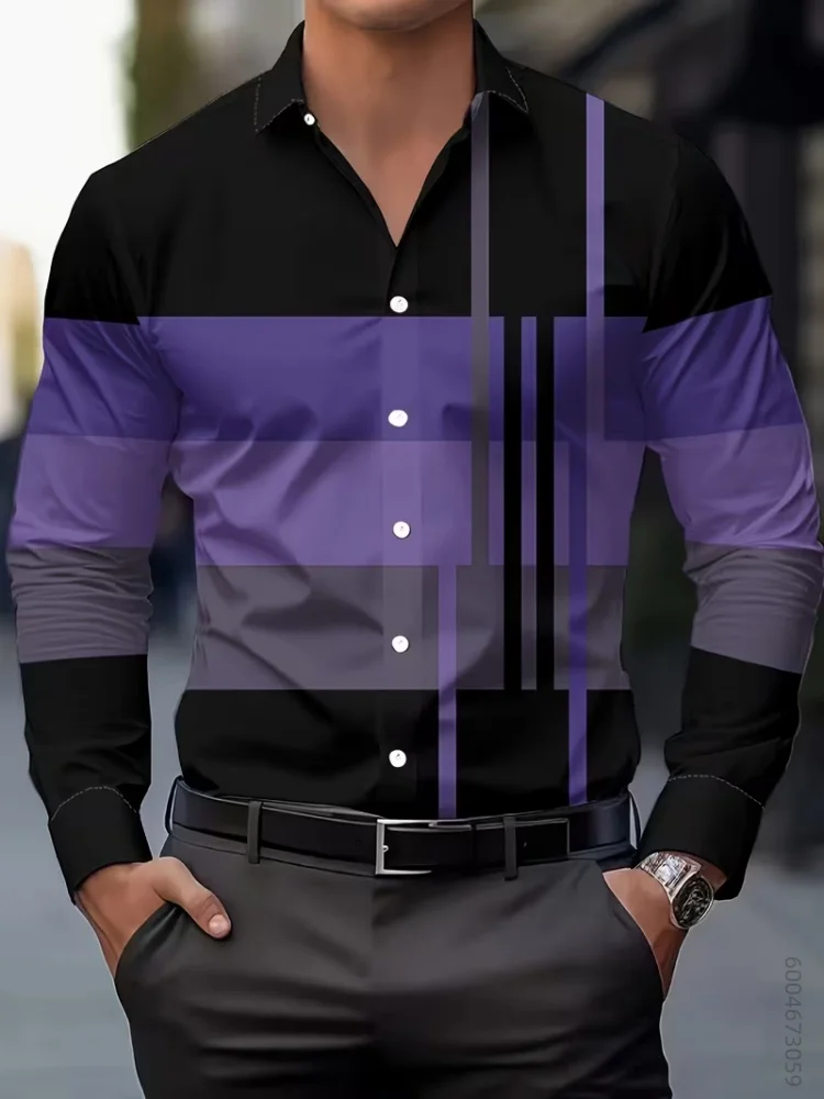 Men's long sleeved shirt elastic geometric contrasting color splicing design daily commuting business versatile casual shirt