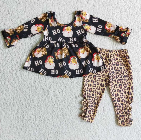 

Santa Claus Long Sleeve Top Leopard Print Pants Set Wholesale Girls Suits