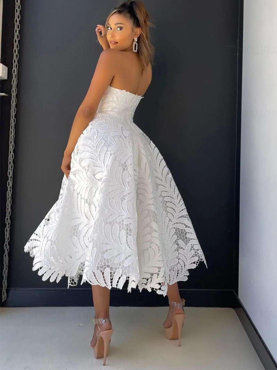 Lace Little White Wedding Dresses Strapless Elegant Sexy Bride Dress A-Line Tea-Length Dresses For Women 2023 Robe De Mariee