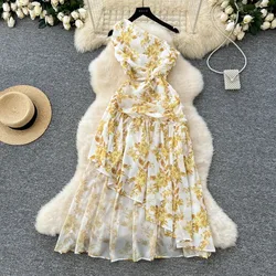 Vintage Diagonal Collar Print Hotsweet Asymmetrical Chic Hollow Out Off Waist Slim Chiffon Dresses French High Street Clothing