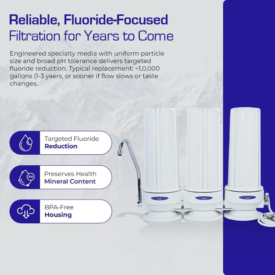 نظام فلتر الفلورايد الثلاثي على سطح الطاولة لتنقية المياه المنزلية: تقنية الترشيح المتقدمة متعددة المراحل لإزالة t