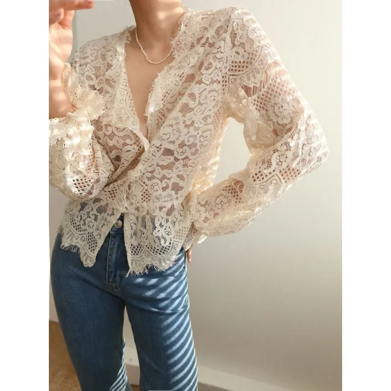 QWEEK Elagant Lace Transparent Blouse Women Youthful V Neck Long Sleeve Shirt Female Vintage Luxury 2024 Spring Aesthetic Korean