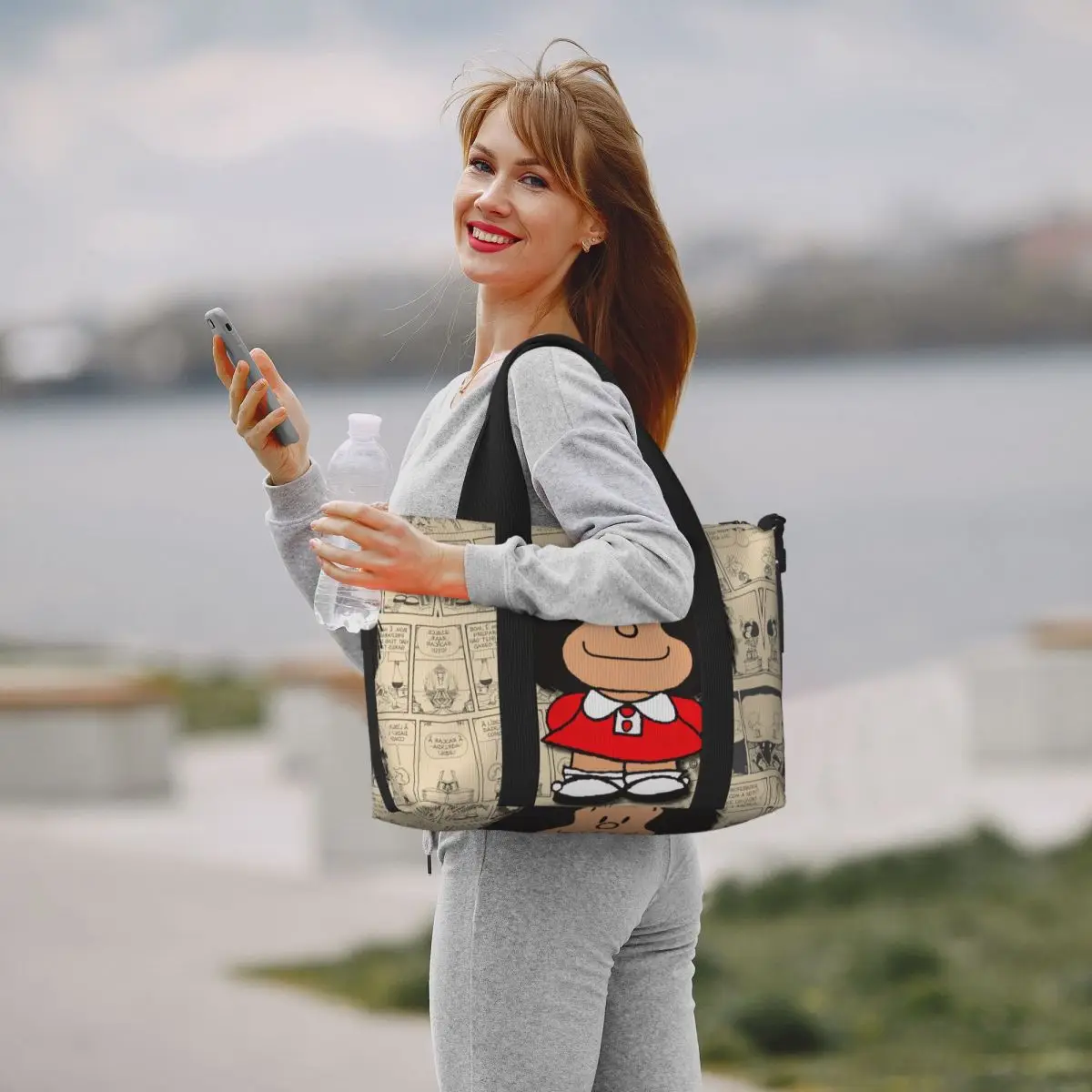 Custom Vintage Mafalda Manga Beach Tote Bag for Women Extra Large Gym Carry On Quino Comic Cartoon Travel Shopping Bags