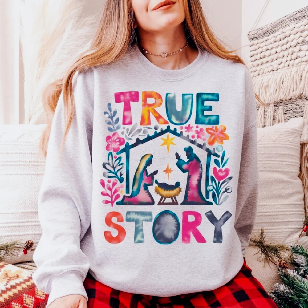 عيد الميلاد قصة حقيقية التصميم الإبداعي قمم الإيمان على أساس عيد الميلاد البلوز المرأة المسيحية عيد الميلاد السترة الملابس الدينية