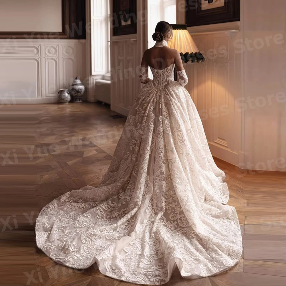 Luxurious A Line Women's V Neck Long Sleeve Lace Backless Wedding Dresses Vestido De Novia Bride Gowns Customized Robe De Mariée