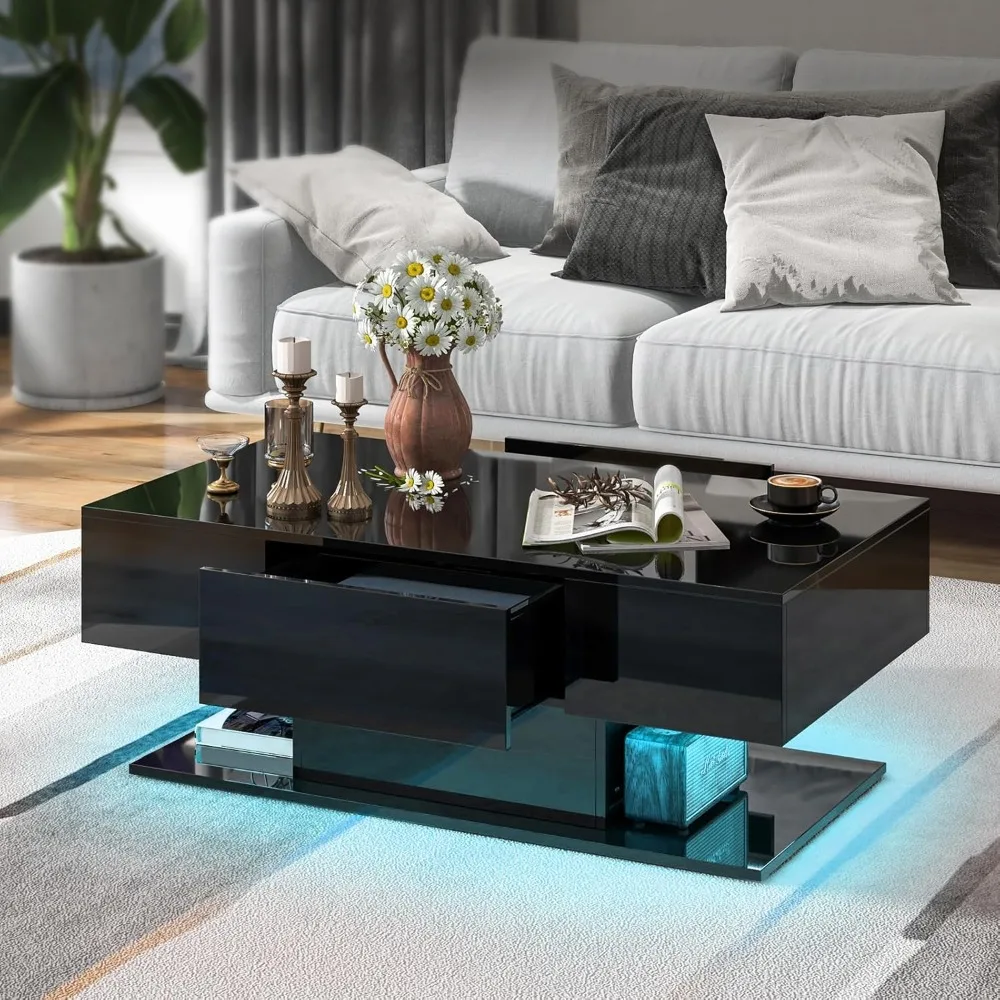 LED Coffee Table With 2 Drawers, High Glossy Modern Center Table, 20-Color Dimmable LED Lights & Remote Control, 2-Tier