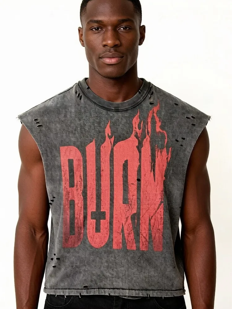 Ripped Holes Sleeve-Cut 90S Vintage Distressed T Shirts Oversized Grunge Punk T-shirt Summer Tops Tees Streetwear for Men Women