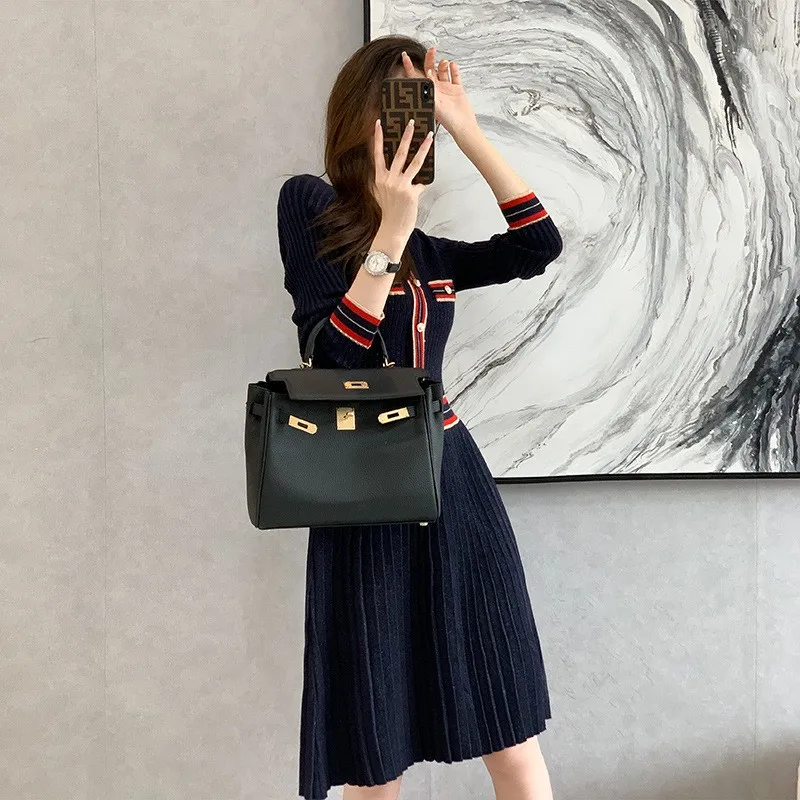 iny Seide gestrickt Dr Damen Herbst Winter Long Sve High Waist A-Line Pullover Dr Ele Petite Sling Chinoiserie...