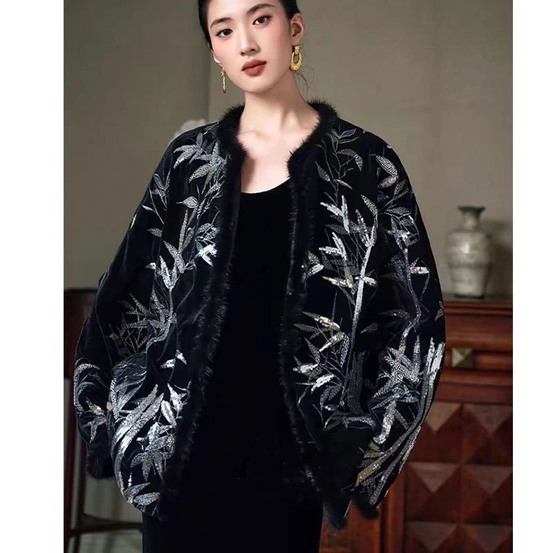 High End Elegance Winter New Exquisite Bamboo Pattern Sequin Embroidered Splicing Mink Fur Velvet Cotton Coat for Women S-XL