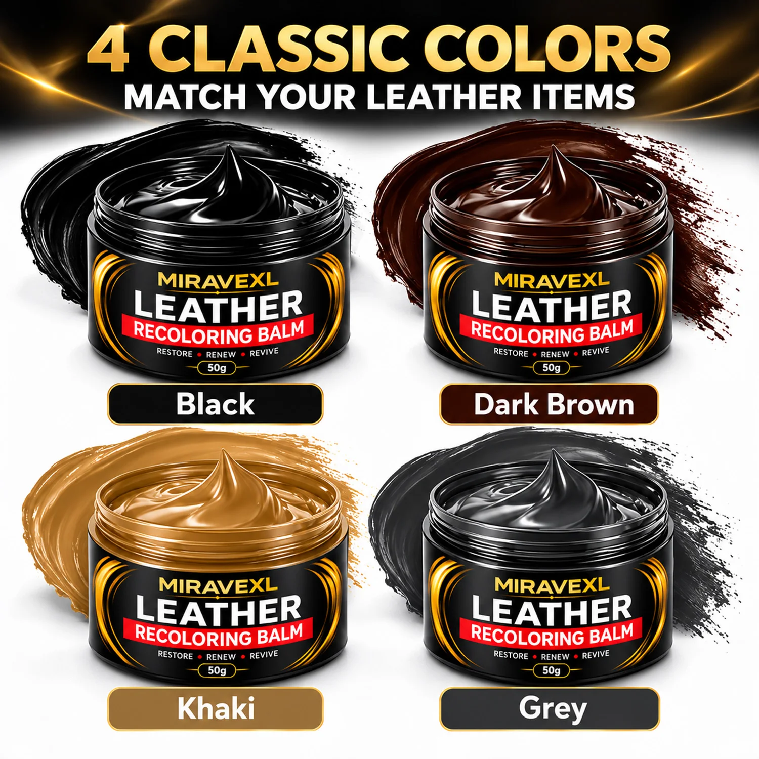 Bálsamo para Recolorar Cuero, Restaurador de Color para Asientos de Coche, Sofás, Zapatos, Bolsos, Chaquetas y Muebles, Reparación de Arañazos con Brocha y Esponja, 4 Colores