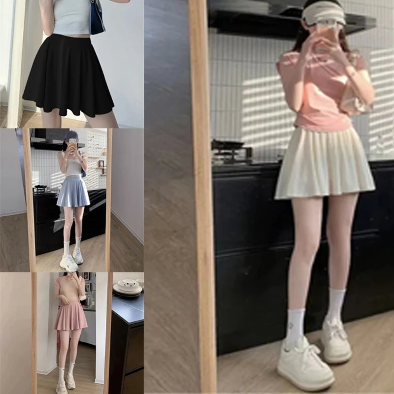 

Women Athletic High Waist Solid Color Mini Skirt with Lining Shorts Ice Silk Pleated Ruffle Swing Summer Short Skirts