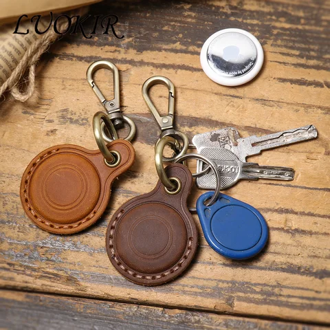 LUOKIRApple AirTag 소 가죽 액세스 카드 홀더 용 가죽 보호 케이스 Crazy Horse Leather Pet Anti-Loss Tracking Device Case