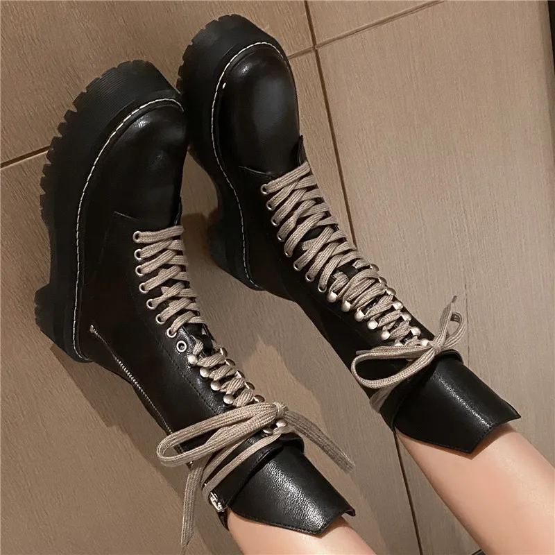 

Smeeroon Size 34-40 New Genuine Leather Zipper Women Boots Ladies Narrow Band Platform Boots Square Med Heels Mid Calf Boots