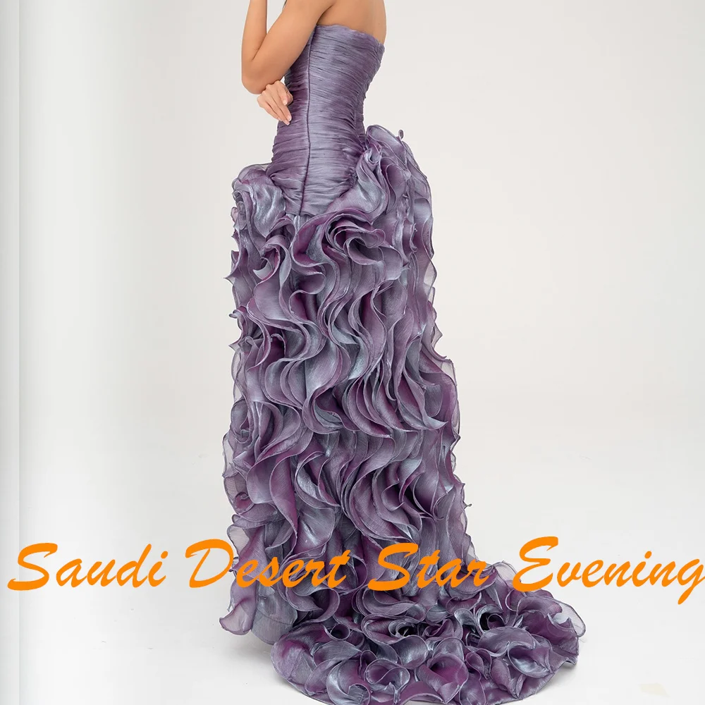 Exquisite Pleats Tiered Ruffles Mermaid Evening Dresses Graceful Strapless Organza Sleeveless Purple Party Gowns فساتين سهرة