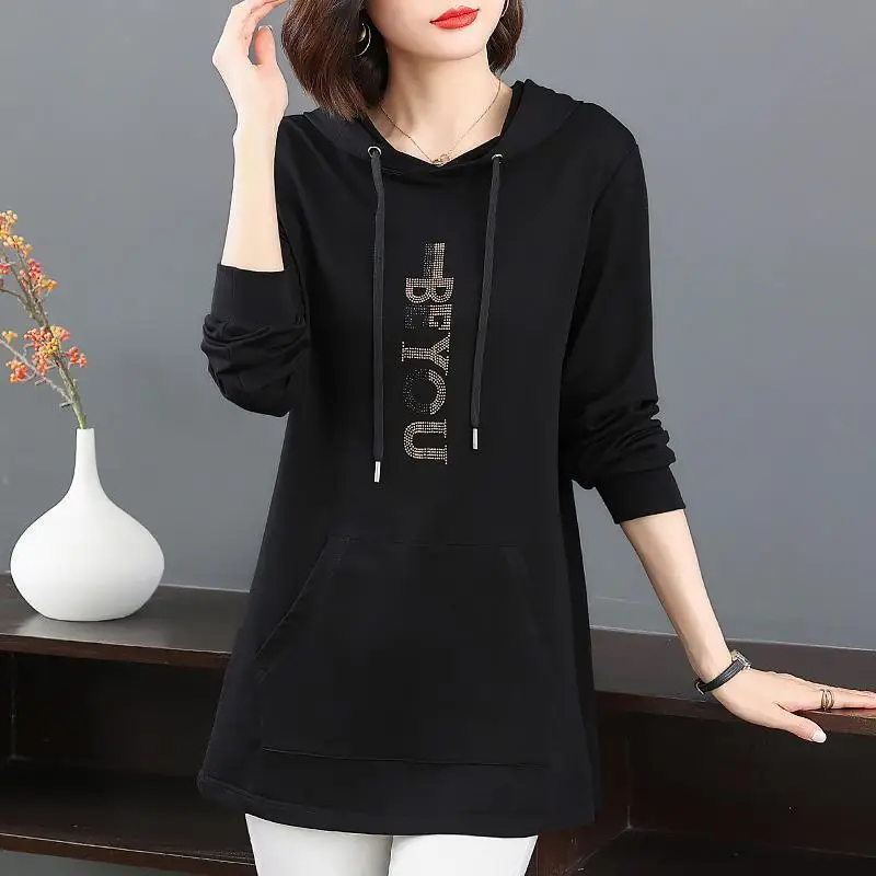 Fashion Spliced Pockets Letter Diamonds Hooded T-Shirts Women's Clothing 2024 Autumn New Loose Casual Tops Commuter Tee Shirt