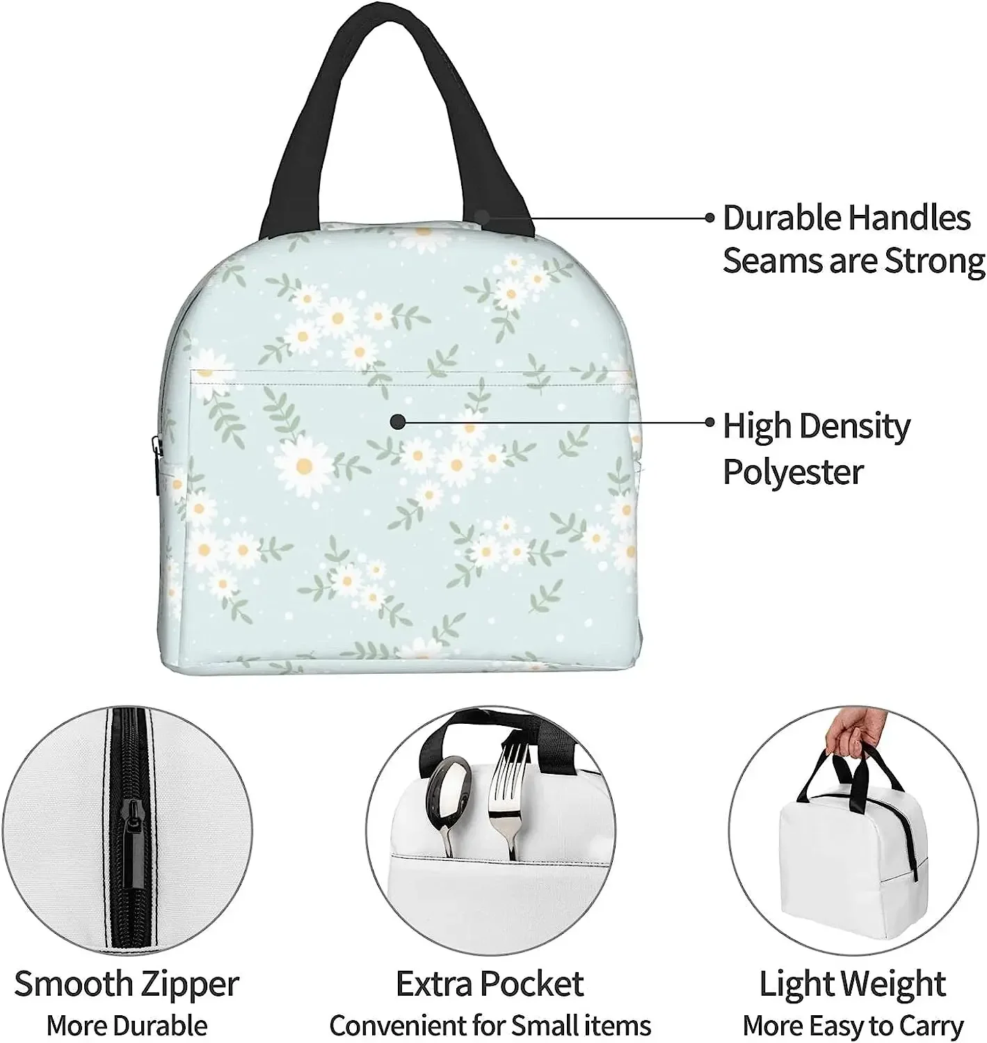 Daisy Flower Blue Insulated Lunch Bag Protable Thermal Cooler Tote for Adults Kids Work School Picnic Beach Reusable Lunch Box