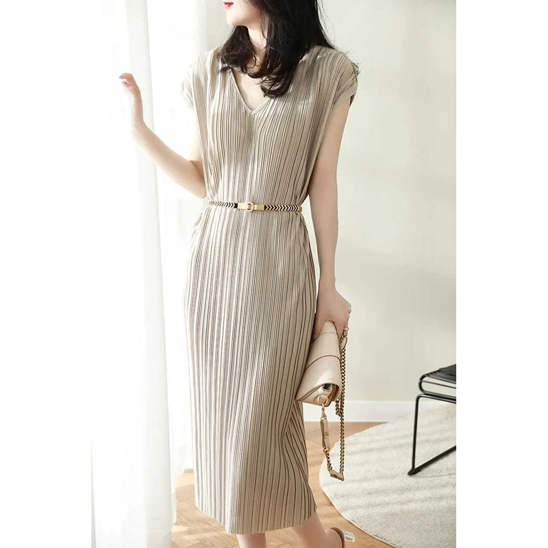 Women Fashion Elegant High Waist Party Pleated Dresses 2024 Summer Office Lady V Neck Short Sleeve Solid Slim Midi Dress Vestido