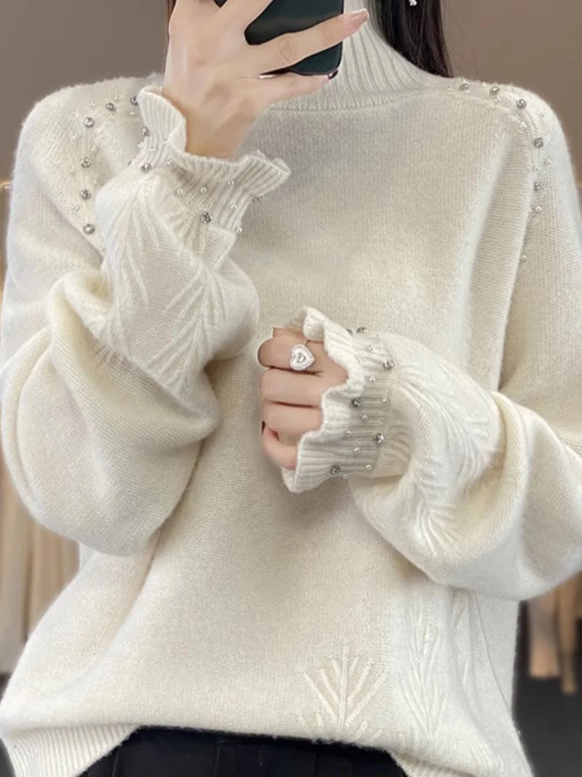 Heavy Embellied Loose Knitted Sweater Women's Autumn Winter High Collar Casual Inner Wear Comfortable Retro Sle Long S...