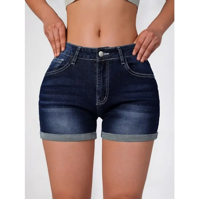 Women's summer denim shorts American deep blue elastic slim fit fashionable versatile casual retro denim shorts