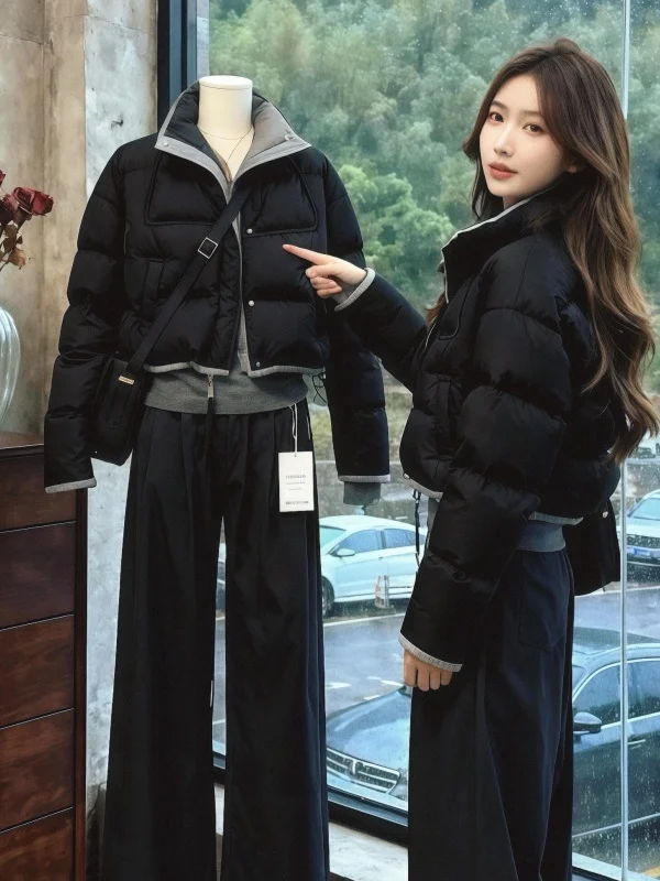 

Модная короткая хлопковая куртка для женщин, зимнее теплое пальто в стиле колор-блок, укороченное, маленького размера, женская верхняя одежда в корейском стиле