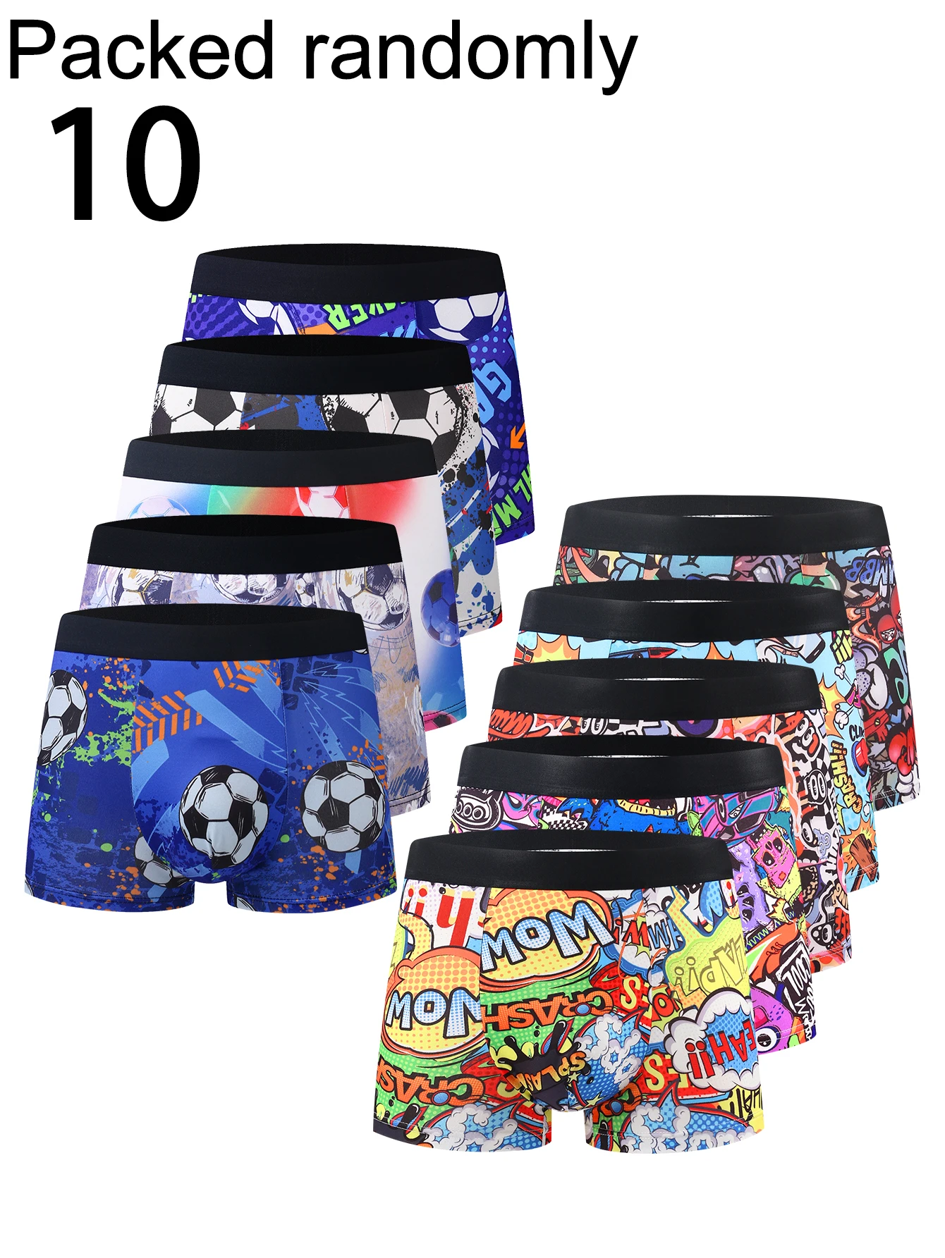 10-Pack Men's Cartoon Graffiti Boxer Shorts Football Comic Print Mid-Waist Loose Fit High Elasticity Comfortable Men's Briefs
