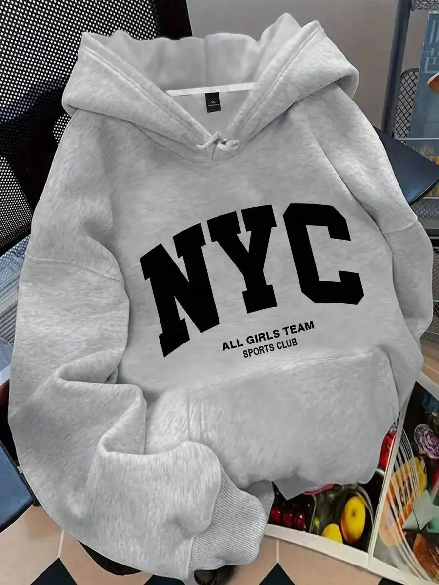 

Oversized Women's Graphic Letter Print Hooded Sweatshirt with Kangaroo Pocket