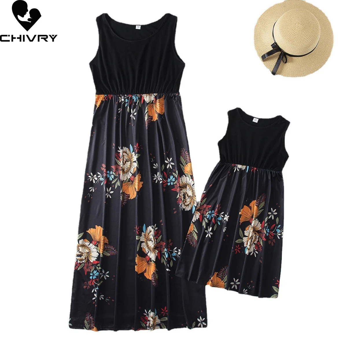 

New Mother Daughter Summer Dresses Fashion Sleeveless Flower Patchwork Sundress Mom Mommy and Me Dress Family Matching Outfits