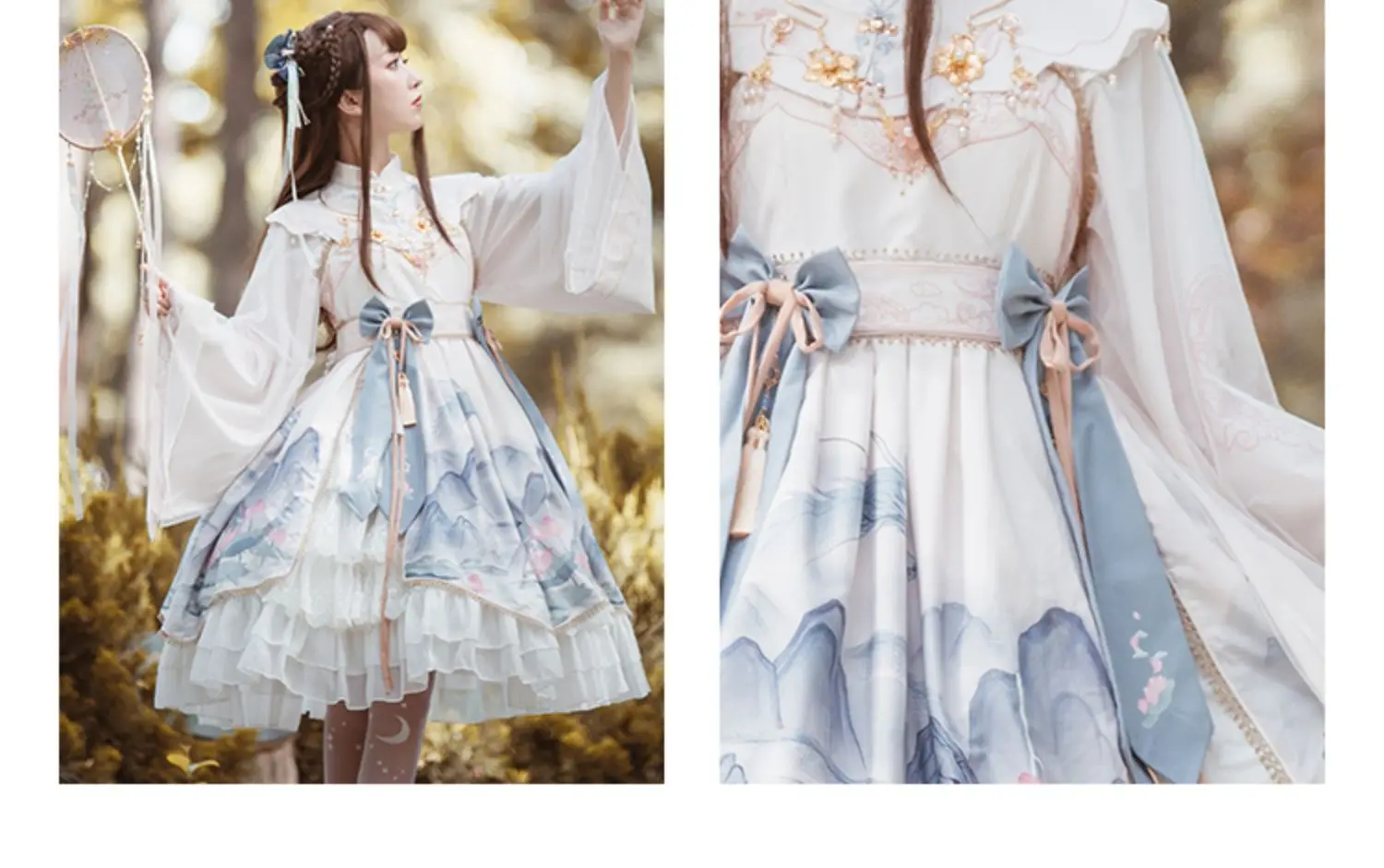 봄 새로운 긴 소매 중국어 이동식 허리 인감 로리타 드레스 소녀 귀여운 활 플레어 슬리브 높은 허리 무릎 길이 드레스