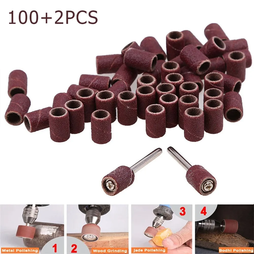 100 Pcs 320 Grit Drum Sanding Bands Sleeves With 2 Mandrels, 6mm Rotary Tool Sandpaper For Wood Polishing And Grinding