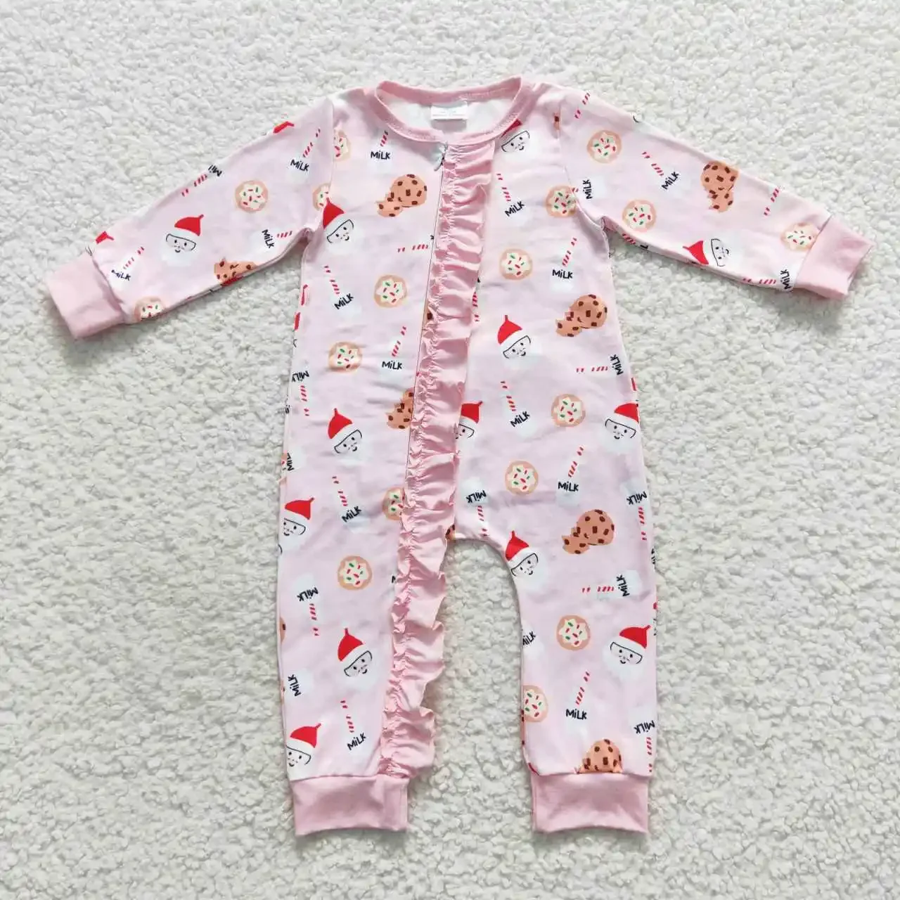 LR0471 New Arrival baby rompers girls Milk Cookie Santa Claus Pink Zipper Long Sleeve romper Wholesale Summer baby boy clothes