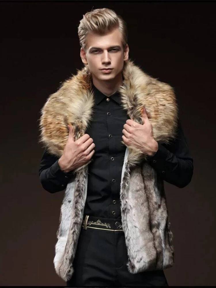 Men\'s Faux Fur Vest Slim Fit Lapel Big Fur Collar Short Waistcoat Men Jacket  Brown Leather Jacket Winter Warm Coat