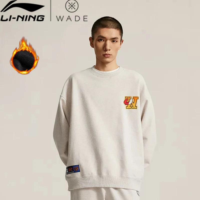 Li-Ning Men Wade Sweatshirt Long Sleeve WARM AT Winter Fleece Loose Fit 74%Cotton 26%Polyester LiNing Leisure Pullover AWDV889