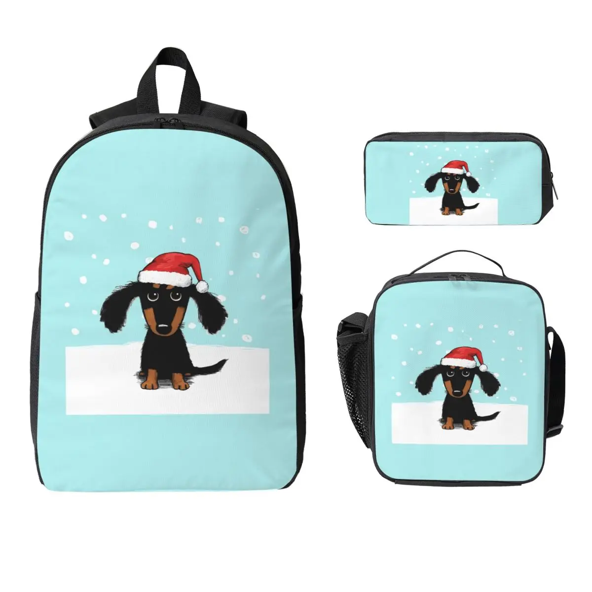 Ransel Santa Anjing Wiener Musim Dingin Natal Dachshund Lucu Tas Buku Anak Laki-laki Perempuan Tas Sekolah 3Ps Tas Makan Siang Terisolasi Kotak Pensil