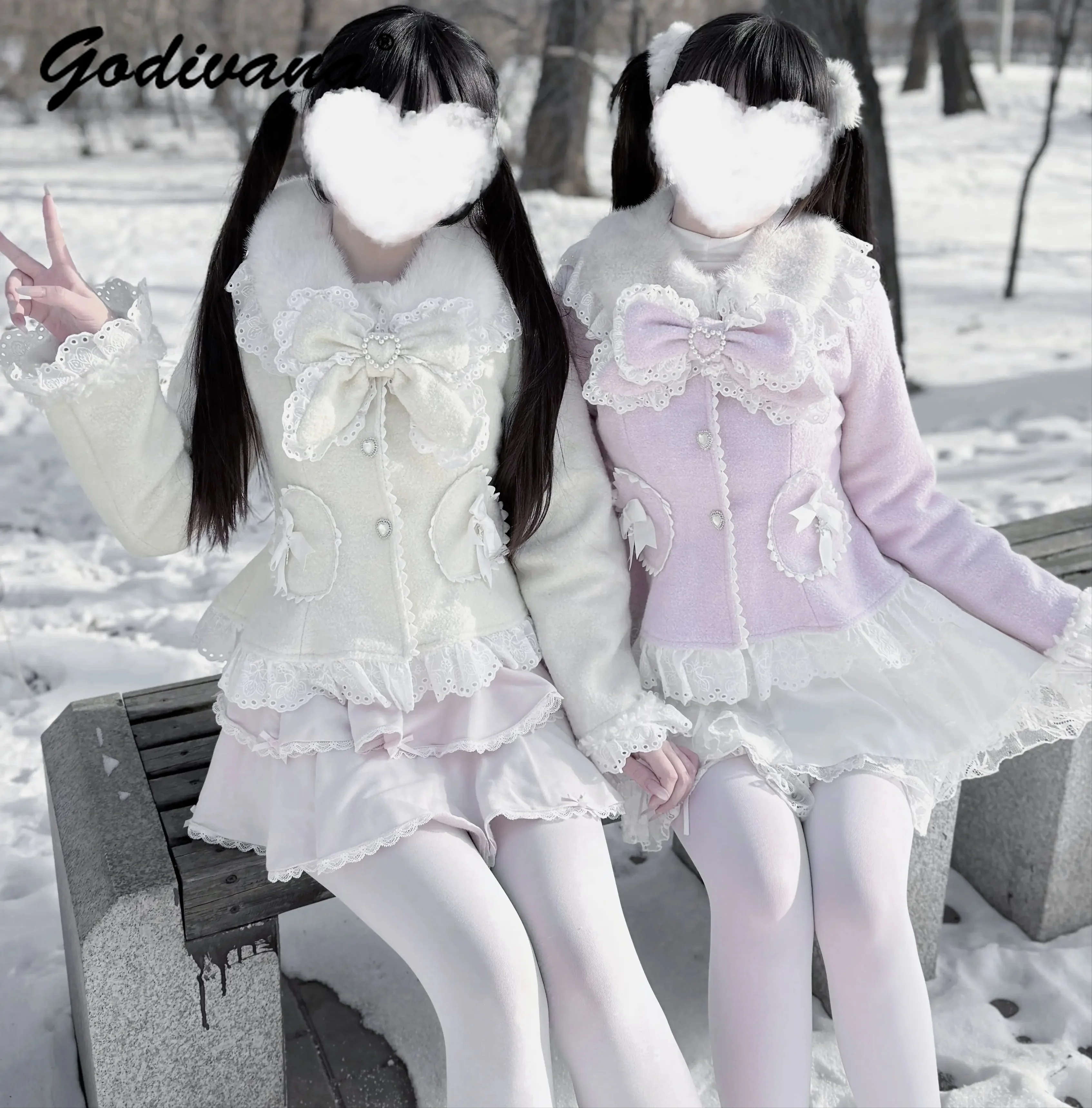 Original Design Winter Mädchen- und Damen-Lolita-Wollmäntel Süße Schleife Schmal Geschnittener Kurzmantel mit Fleece-Futter Pelzkragen Warme Jacken