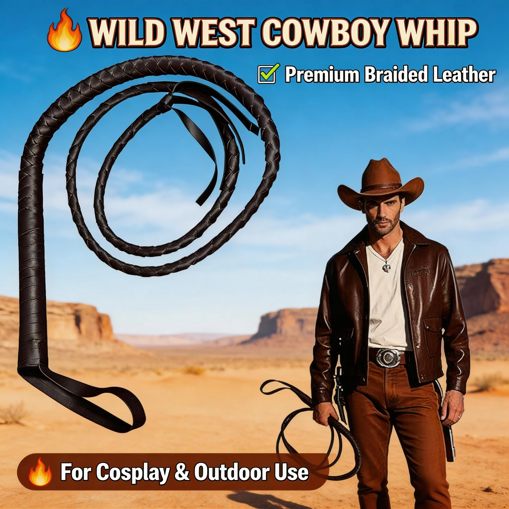 

Durable 70" Faux Leather Cowboy Whip Vintage Ringmaster Whip Western Equestrian Costume Accessory Halloween Prop Role Play Gift