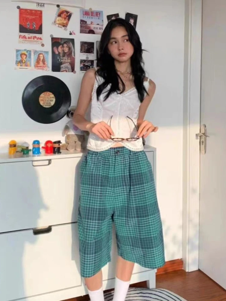2025 Women's Vintage Green Plaid Wide-Leg Shorts - High Waist Loose 7/8 Pants, Cute Casual Streetwear for Spring Summer Y2K emo