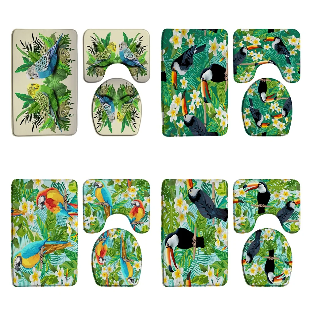 Tapete de baño de franela de microfibra absorbente, tapete de cubierta de tapa de inodoro, Toucans, loro, palmera, hojas, pájaro de la selva, decoración de baño