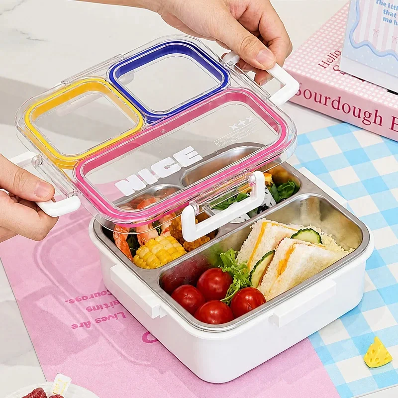 NestWare 3/4Grid Lunch Box 304 Stainless Steel Sealed Snack Box Leak-Proof Microwave-safe Food Container for Student Workers Use