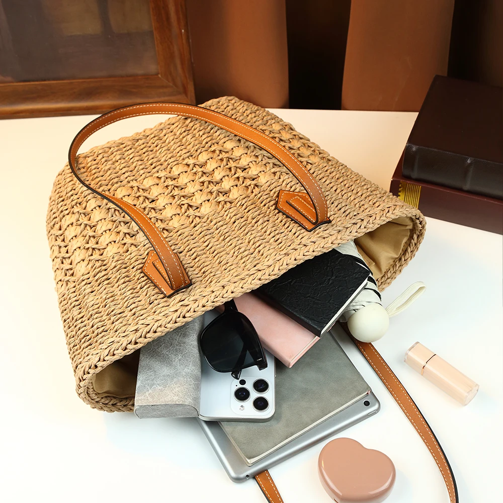 2026 French Retro Woven Tote Bag Large Capacity Single Shoulder Straw Basket Handmade Paper Rope Woven Breathable Lightweight
