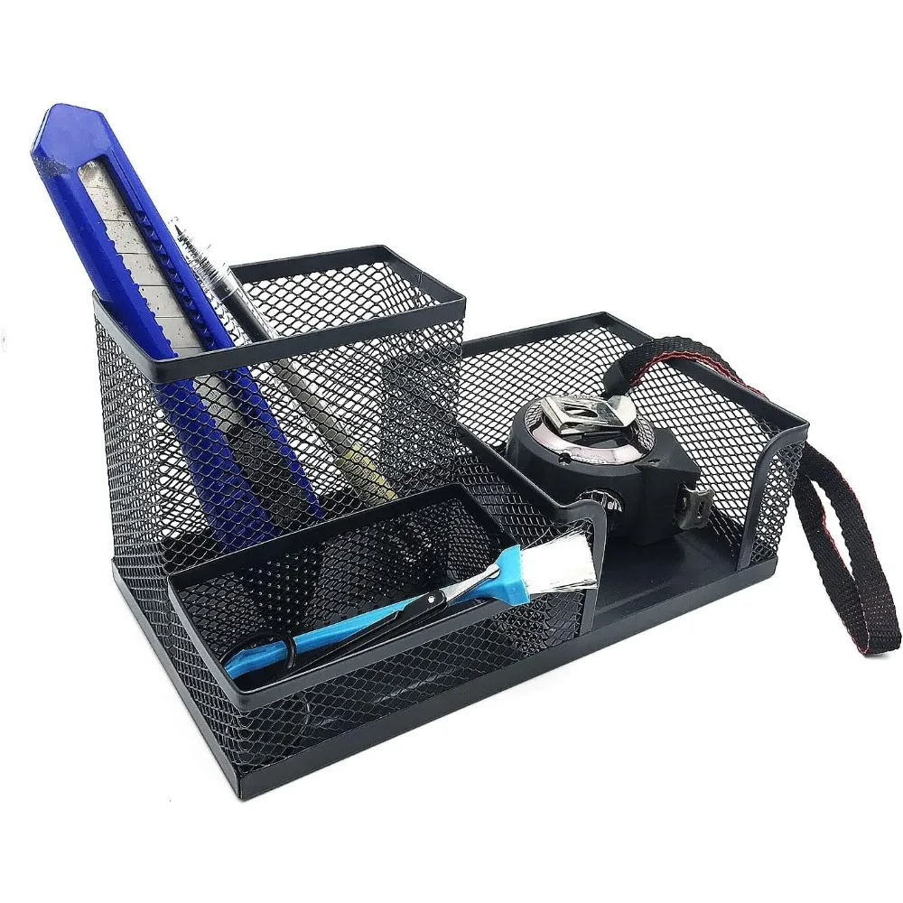 منظم مكتب شبكي، منظم سطح المكتب، علبة مستلزمات مكتبية معدنية مع حامل قلم رصاص وسلال تخزين لملحقات المكتب، 3