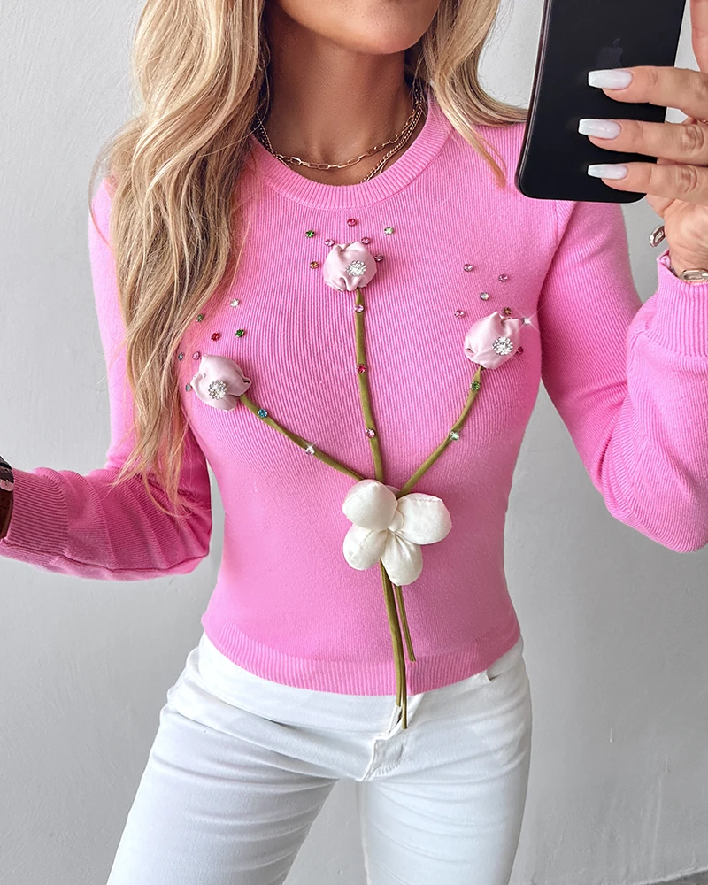 Women's Top 2024 Autumn Winter Latest Flower Pattern Rhinestone Decoration Knitted Sweater Round Neck Long Sleeve Pullover