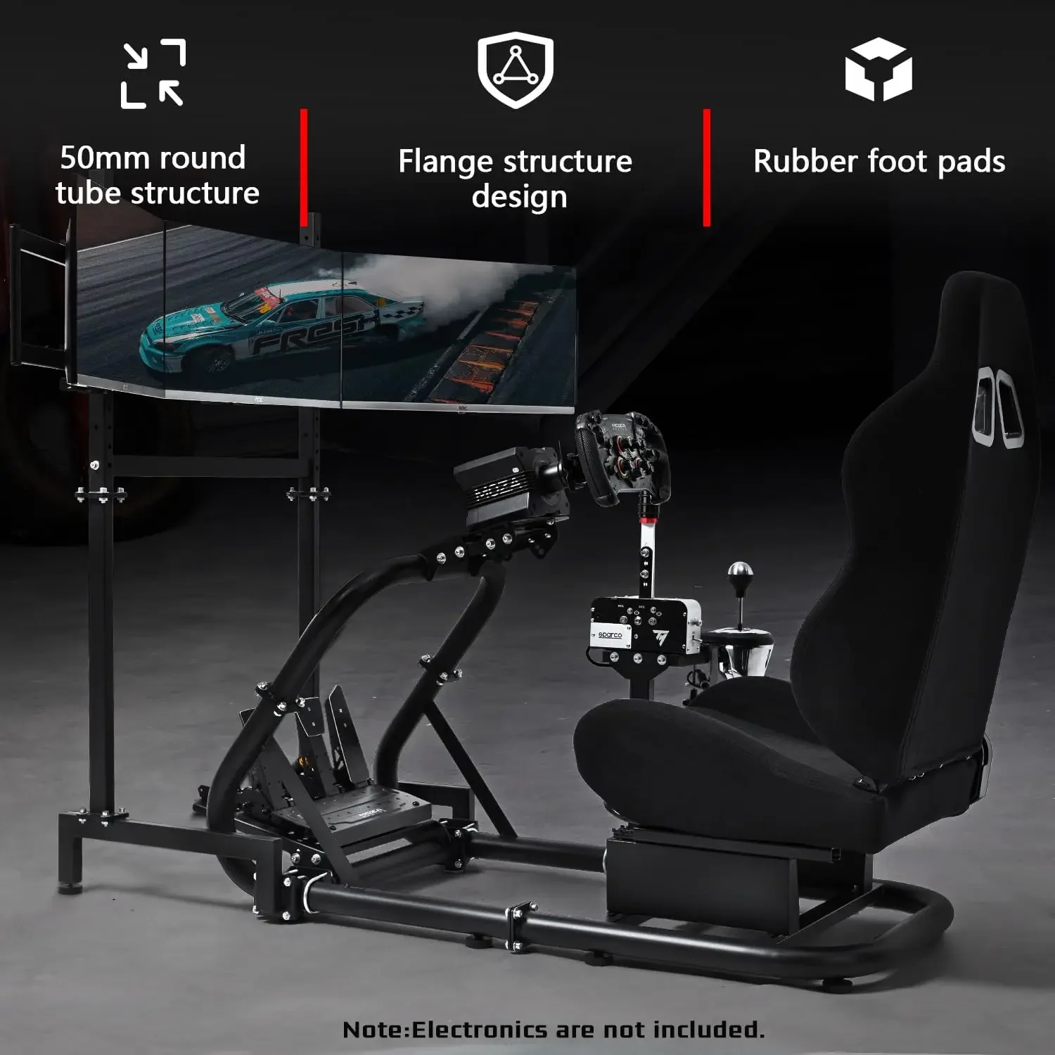 Racing Simulator: Triple Monitor Stand, Black Seat, Compatible with Logitech/Thrustmaster/Fanatec (No Wheel/Pedal/Handbrake)