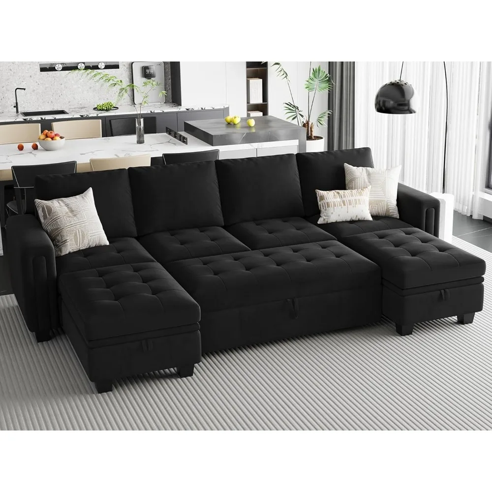 Modular Sectional Sleeper Sofa with Pull Out Bed Velvet Convertible U Shaped Sectional Sofa Couch with Storage Chaises f