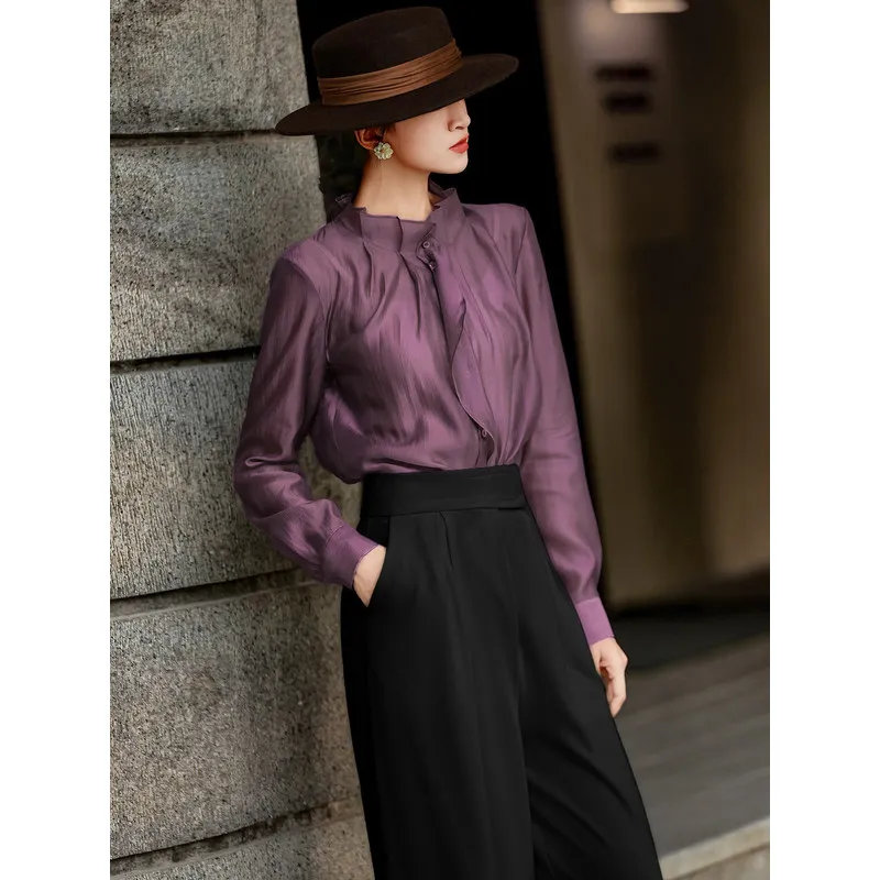 MEXCOCO Women Spring Autumn New Elegant High‑End Blouse Ruffle Stand Collar Single‑breasted Sheer Shirt Tops