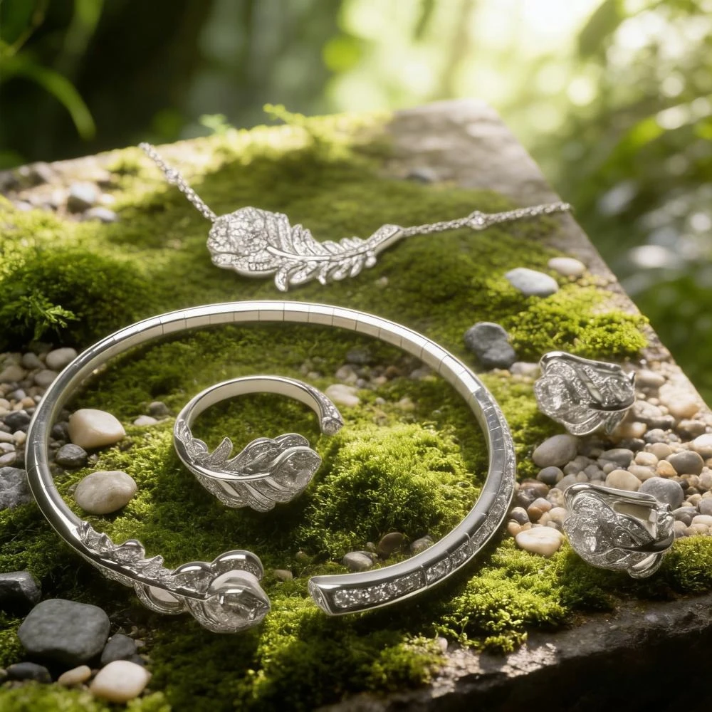 

2026 Trendy Collection French Feather Jewelry Set Sparkling Zircon Bracelet Necklace Ring Earring Gift